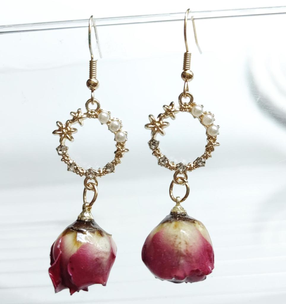 Natural Dried Rose Flower Earrings - Fresh, Sweet Ear Ornaments