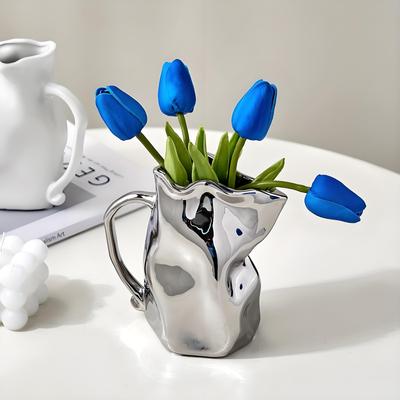 Crinkle Textured Ceramic Vase | Silver Finish Modern Elegance | Multi-Room Decor for Living Room Bathroom Desk