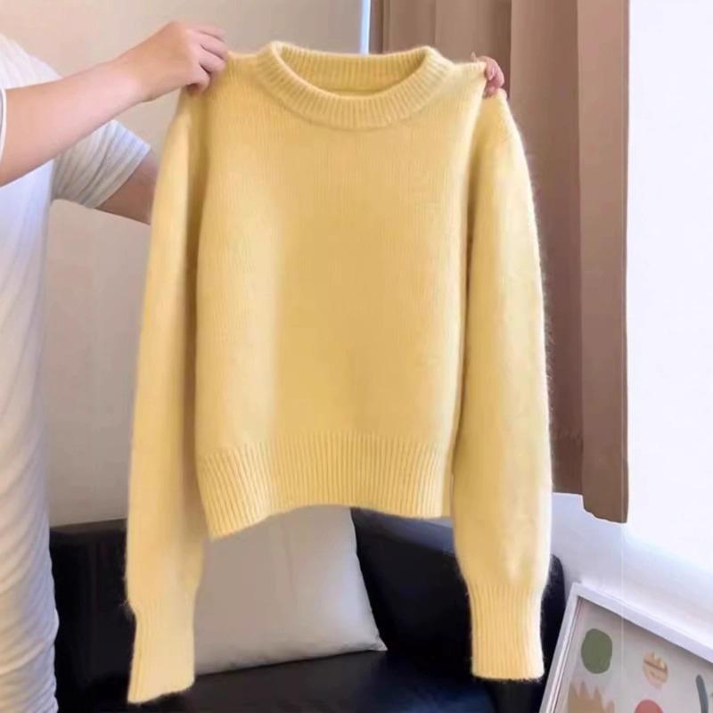 Solid color crew neck pullover knitted sweater long-sleeved top women's autumn and winter new loose and versatile lazy casual