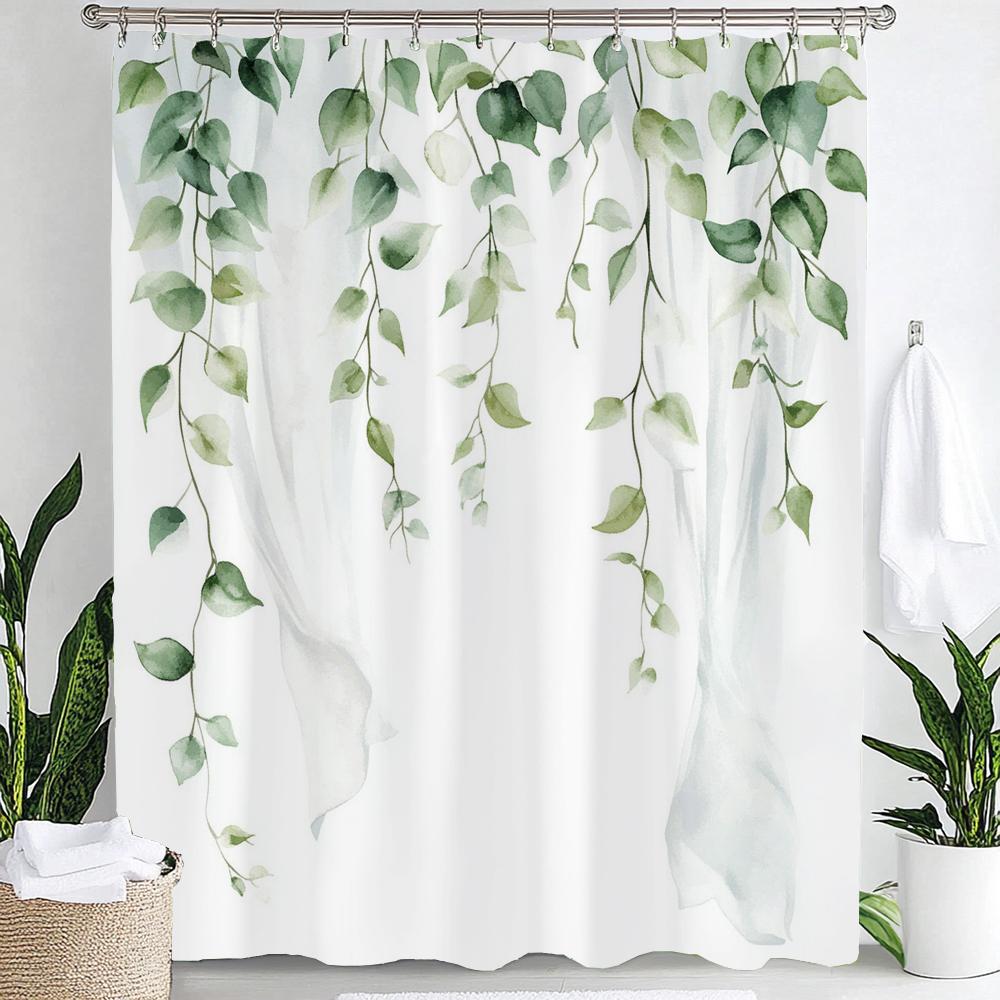 Blue Watercolor Plants Flower and Bird Print Waterproof Shower Curtain Partition Privacy Hanging Curtain with 12 Hooks Washable