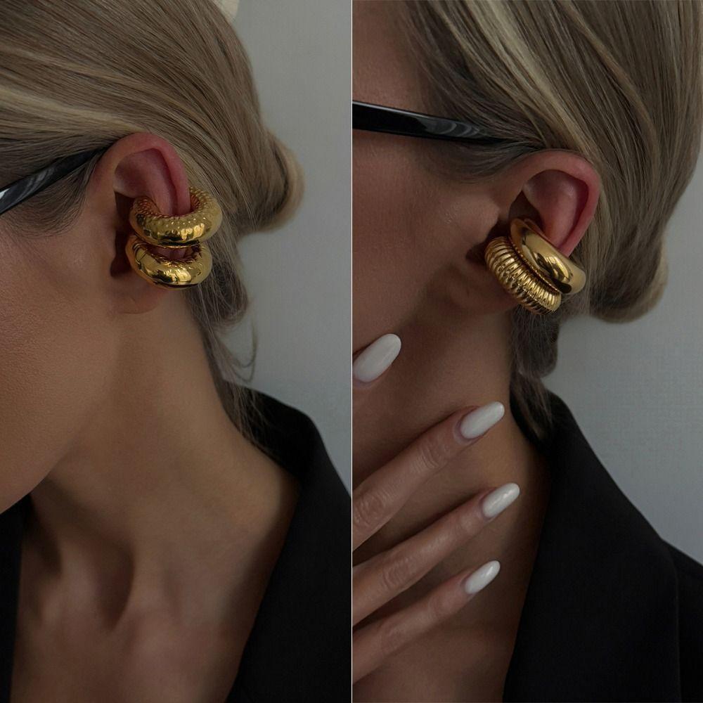 Retro Stainless Steel C Shape Ear Cuff Golded Silver No Piercing Earrings Irregular Shape Thick Stud Earrings Women