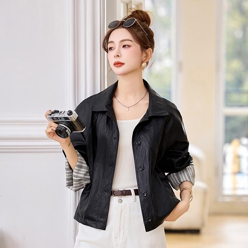 Women's Retro High-End Black Leather Jacket with Spliced Cuffs - Spring 2025 Collection (YB8859)