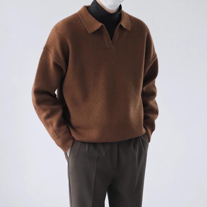 Men's Retro Heavyweight Knit Pullover Polo Sweater for Autumn/Winter