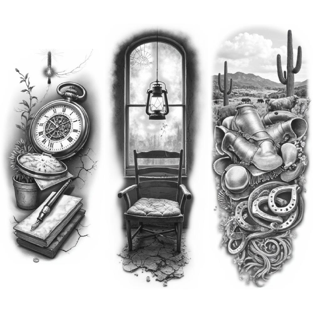 3pcs Temporary Tattoo Waterproof Long-lasting Body Stickers Caged Bat Pocket Watch Witch Illustration For Thighs Women Arms