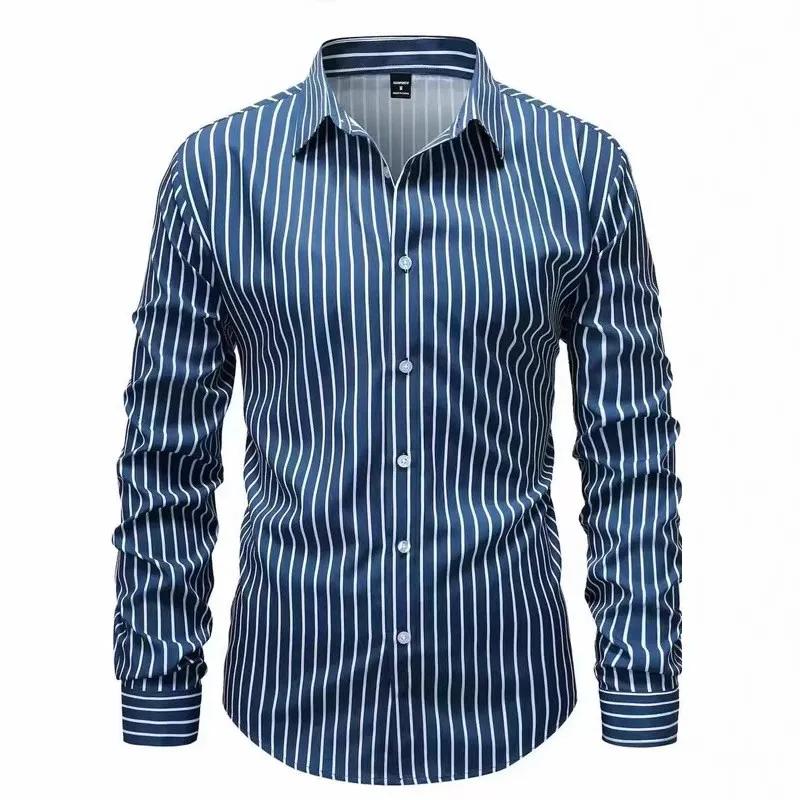 Spring Autumn Men Clothes Long Sleeve Stripe Shirt Men Business Casual Lapel Button Shirt Tops