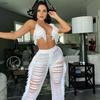 2 Pcs/Set Women Crop Top Pants Set Tassel Hollow Out Lace-up Halter Neck Beach Vacation Bra High Waist Ripped Knitted Hollow Out Trousers