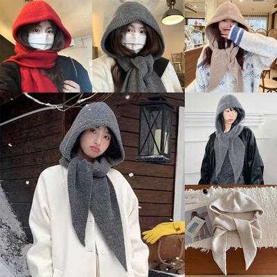 Korean Style Knitted Winter Balaclava Thickened One-Piece Scarf Cap Winter Accessories Hooded Hat Ski Beanie Outdoor Sports