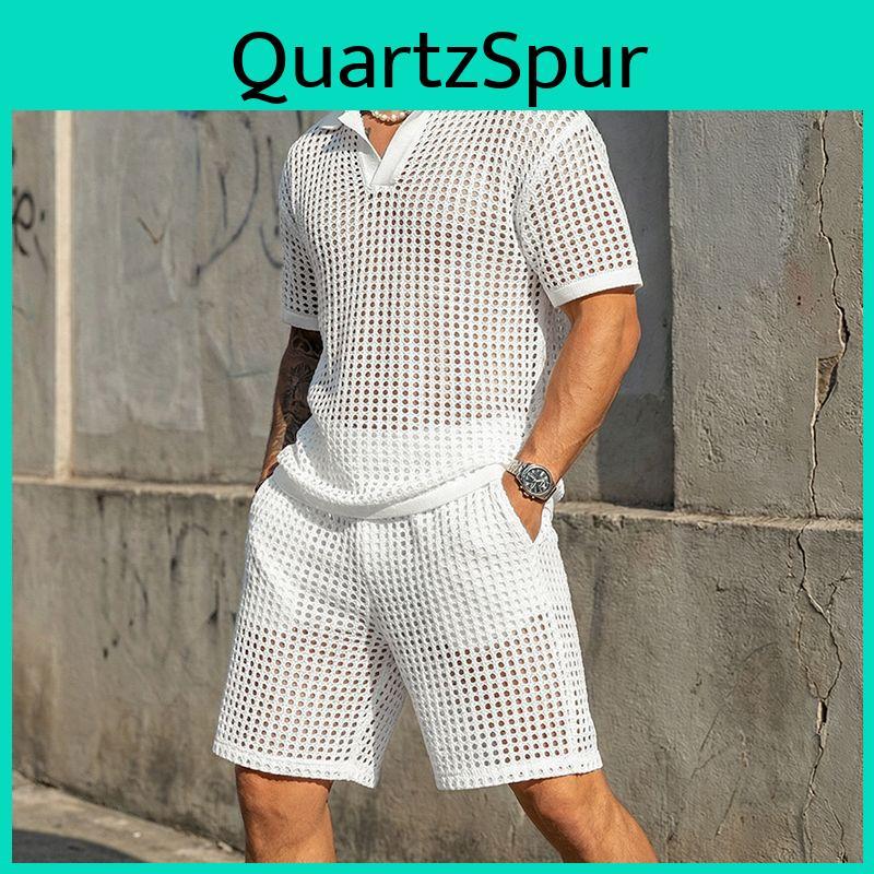 Incerun Beach Sets Men Twopiece Hollow Short Sleeve Tops Elastic Waist Shorts Suits