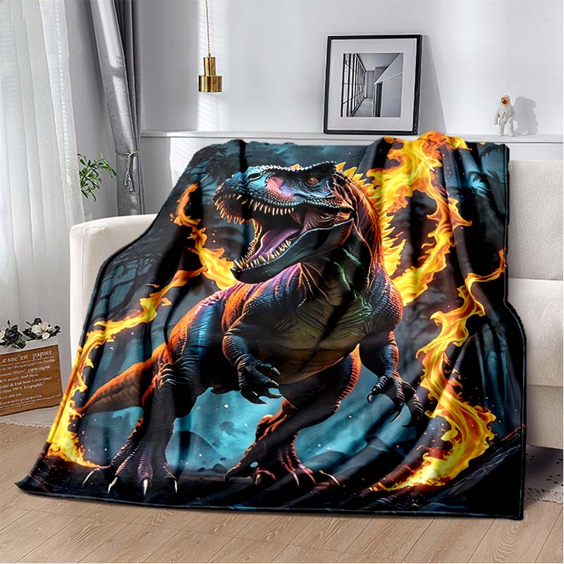 Fire T-Rex Dinosaur Print Flannel Blanket, Kids Prehistoric Throw Blanket