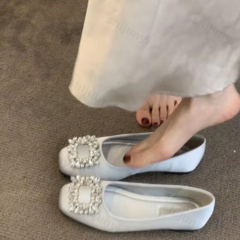 Woman Flats Square Toed Rhinestone 2026 Autumn Shallow Mouth Dress Fashion Flat Shoes Comfortable Silk Outdoor Casual Shoes