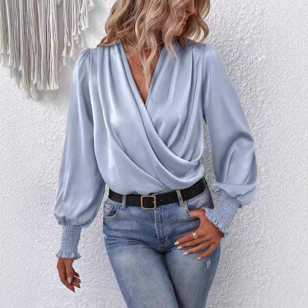 Elegant Women's V-Neck Lantern Sleeve Solid Color Shirt