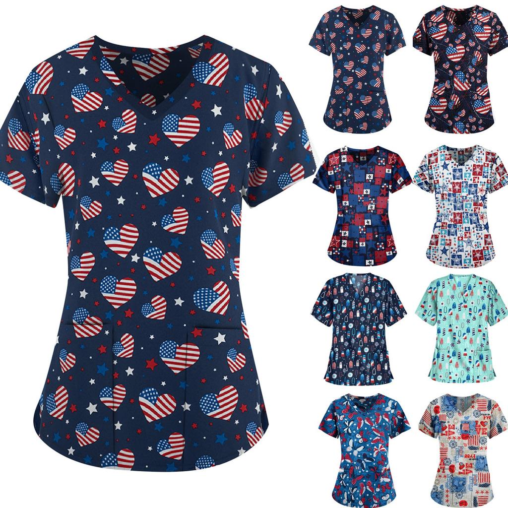 Independence Day Women's casual V-neck Printed Short Sleeve   Tops