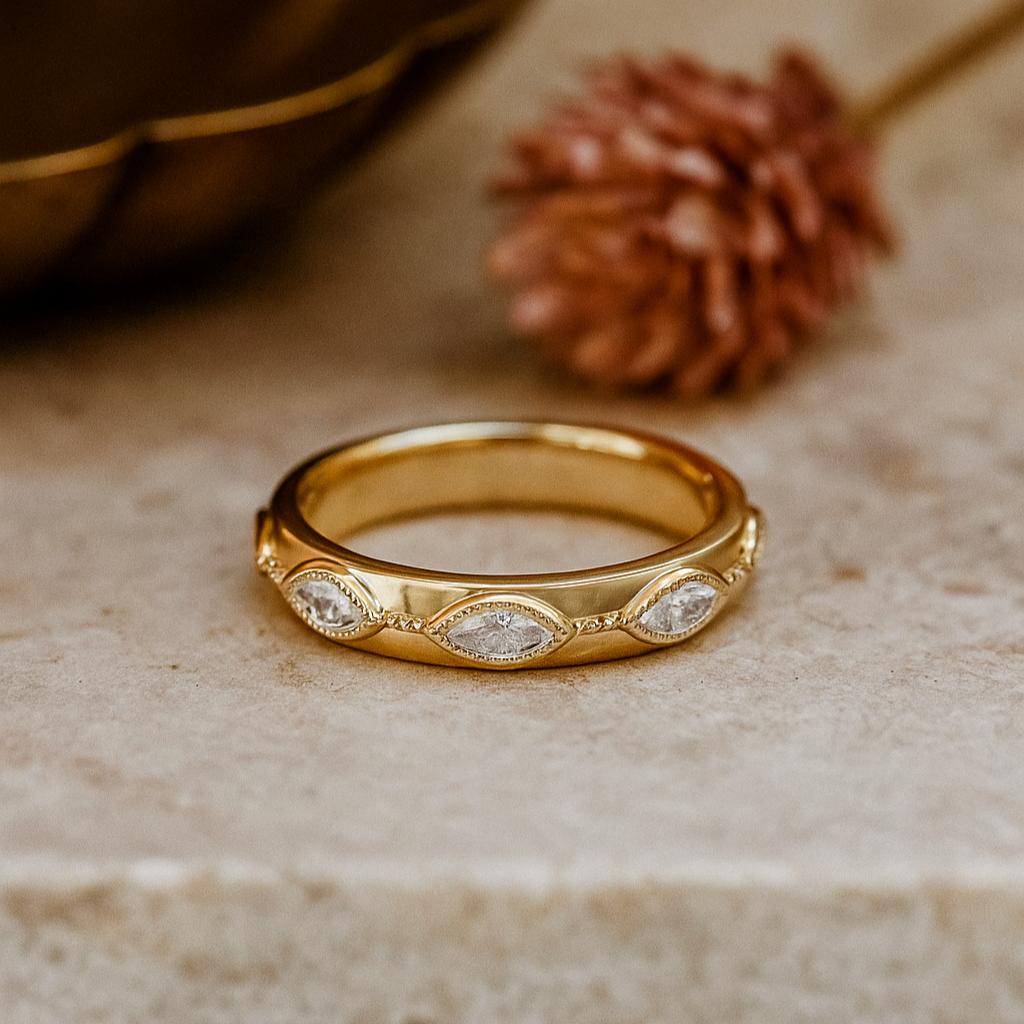 

Marquise CZ Wedding Band, Yellow Gold Plated Silver, Vintage Stackable Anniversary Ring for Women Q розовый