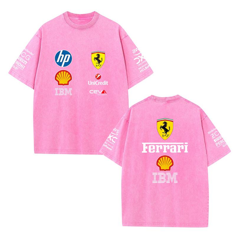 Vintage Washed Black Ferrari F1 Racing T Shirt Oversized Short Sleeve Tee Retro Motorsport Sponsor Logo Print Casual Streetwear Loose Top