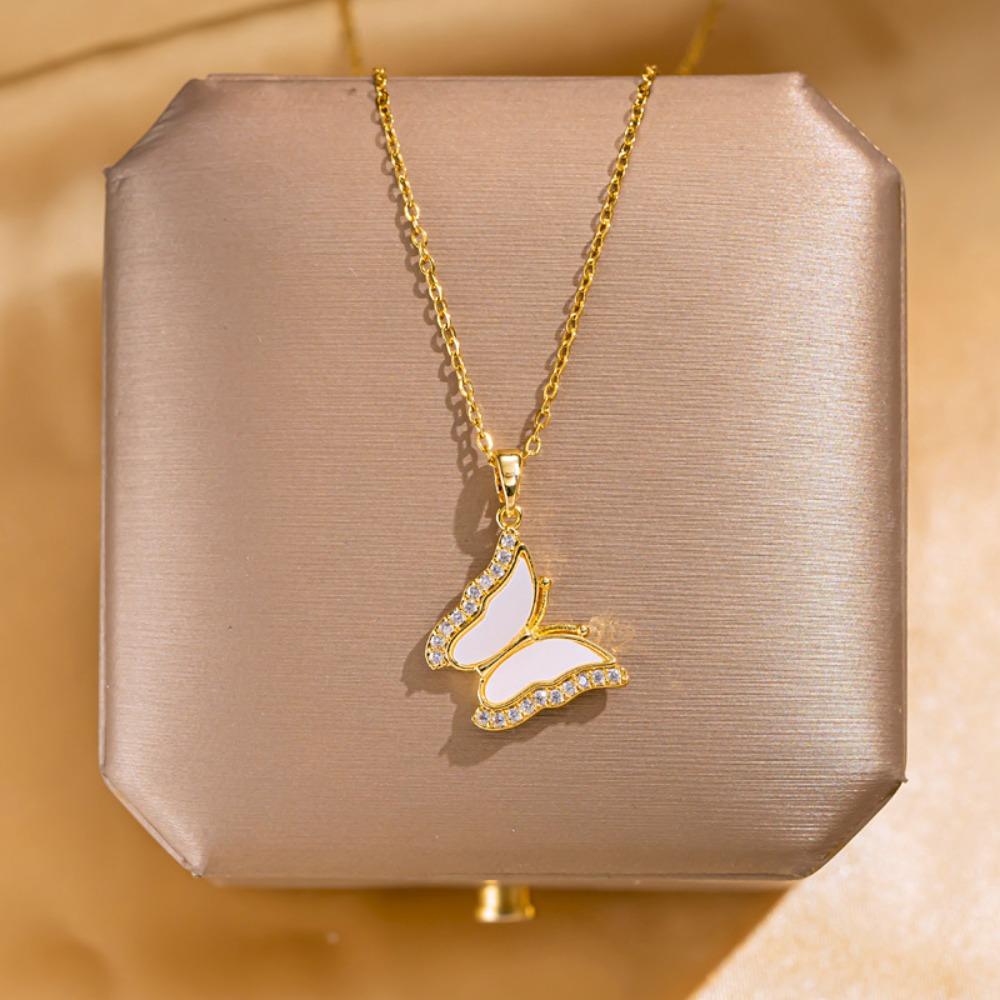2026 Korean Minimalist White Butterfly Necklace - 18K Gold Plated Zircon Edged Pendant Collarbone Chain for Women Trendy Jewelry