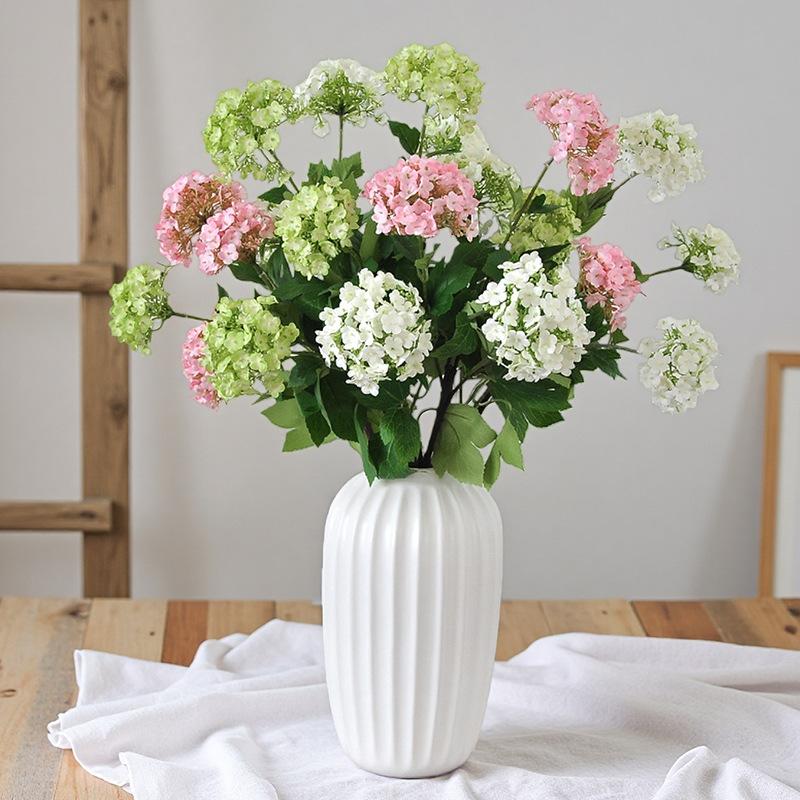 White Artificial Hydrangea 3 Heads Fabric Green Hydrangea Long Branches Decor Spring Artificial Floral Arrangement Wedding