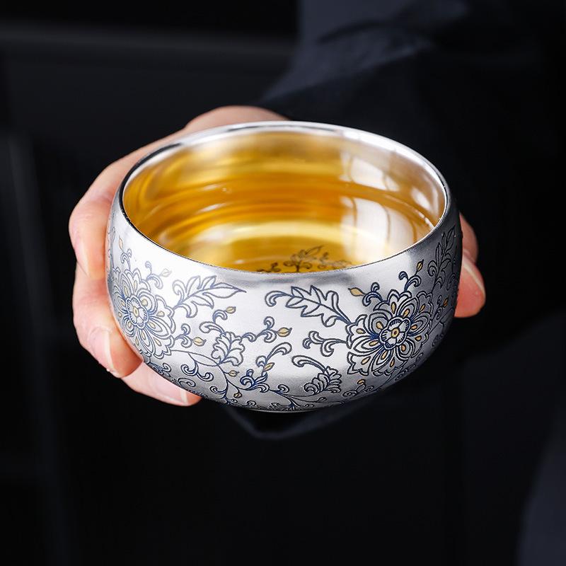 999 Silver Gilded Master Tea Cup Handmade Ceramic with Enamel Decoration Luxury Gongfu Teaware for Collector Gift