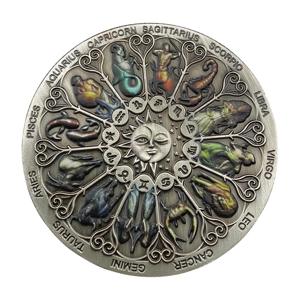 The Zodiac Challenge Coin Sun and Moon God Medal Badge 12 Constellation Color Spray Paint Symbol Lucky Coins Collectibles