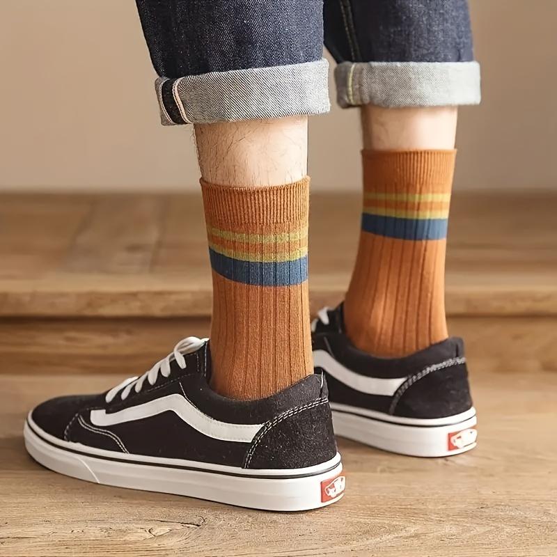 7 Pairs Of Men's Trendy Striped Pattern Crew Socks, Breathable Comfy Casual Unisex Socks For Men's Outdoor Wearing