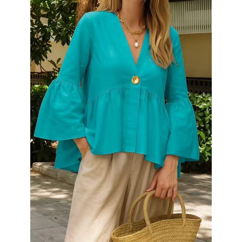 Damska bluzka peplum z dekoltem V i rozszerzanymi rękawami, zapinana na jeden guzik, codzienna