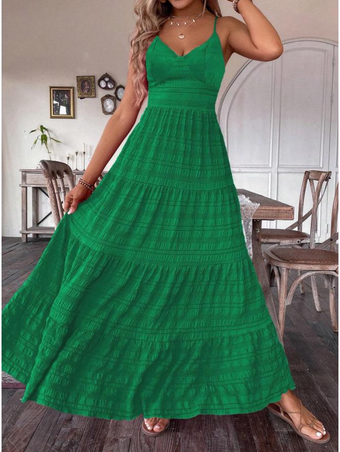Women's Layered V-Neck Maxi Dress with Thin Straps for Summer Vacation