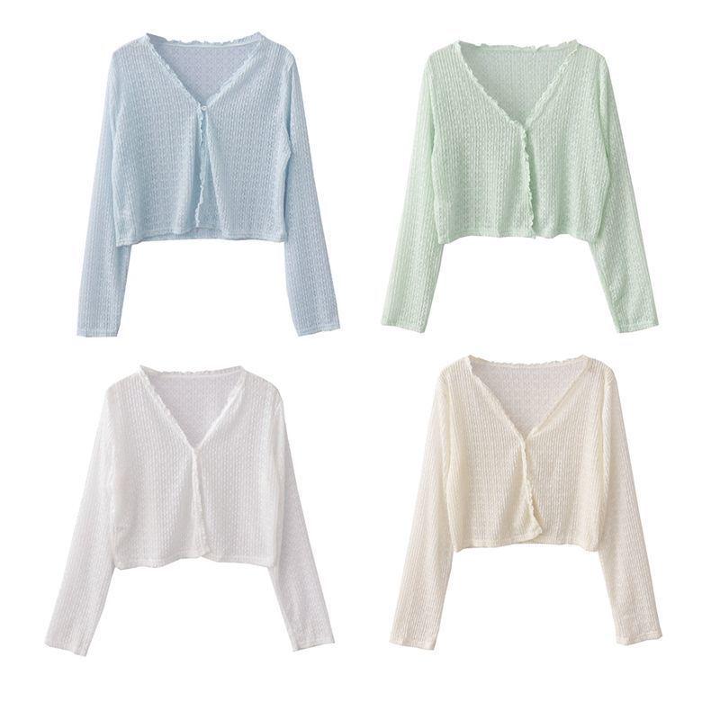 Women's Summer Lace-Trim V-Neck Ice Silk Cardigan - Airy, Loose, Long Sleeve Sun Protection Top