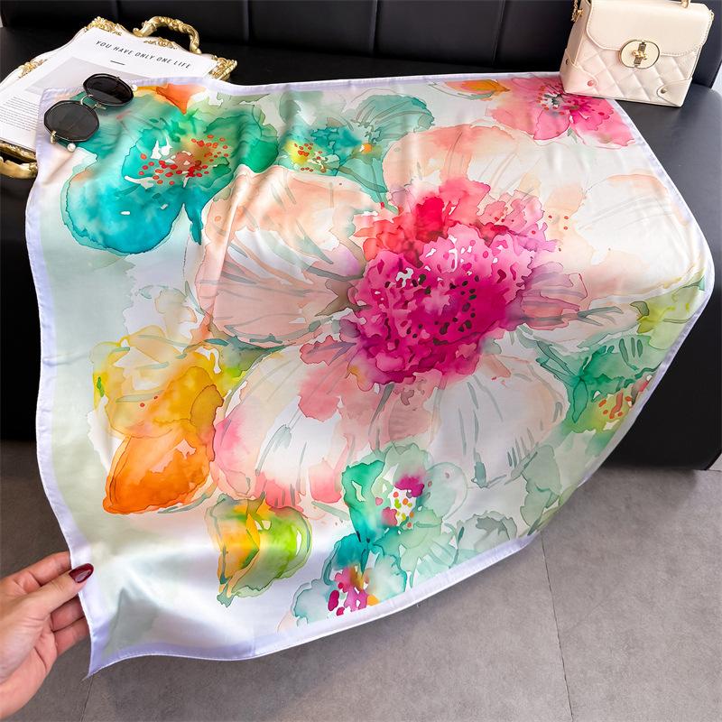 National Style Ink Flower Simulation Silk High-end Large Square Scarf Silk Scarf Printed Shawl Scarf Sunscreen Scarf Head Scarf Scarf