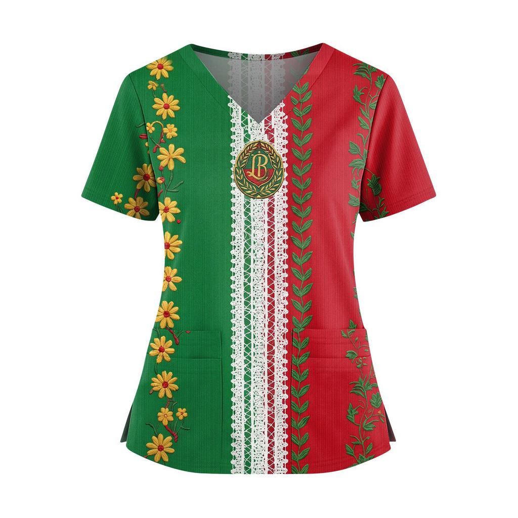 Women's V-Neck Short Sleeve Work Top with Pockets and Side Slits, Soccer Flag Print