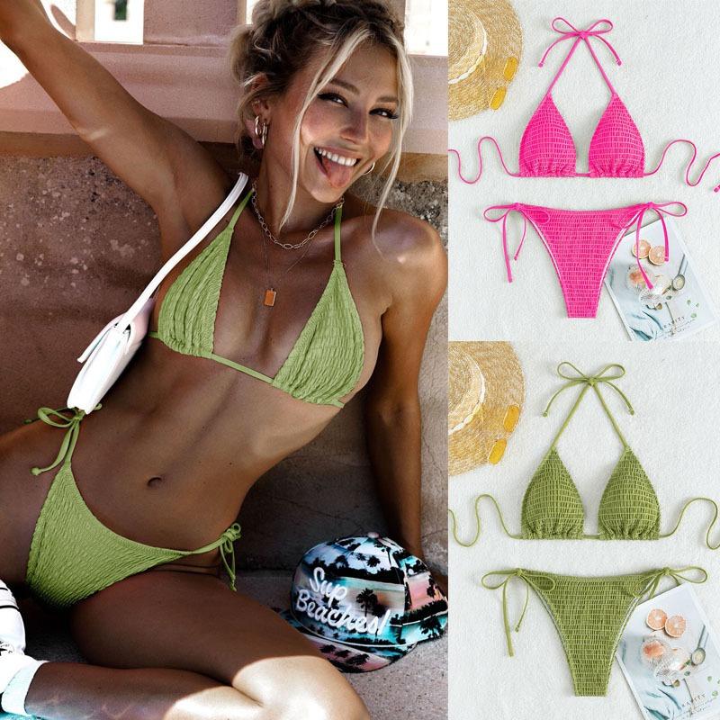 Trend Print Neck Sling Sexy Swimsuit Women's Lace-up Split Swimsuit
