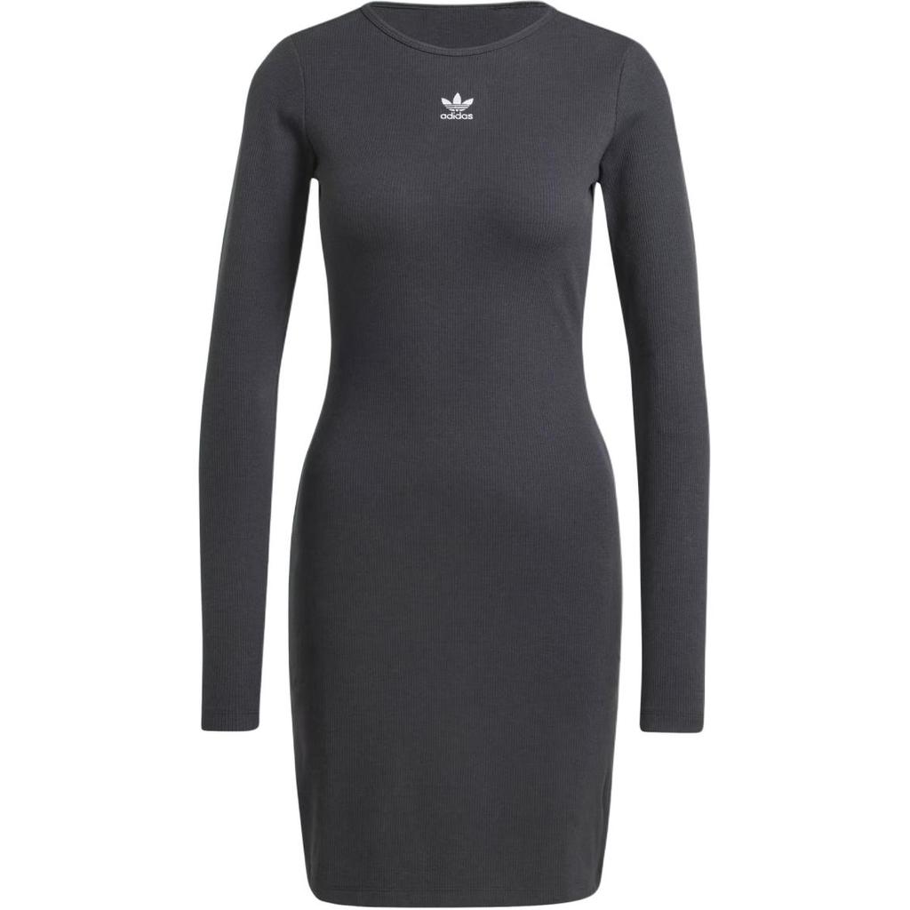 Adidas Originals Solid Color Round Neck Slim Fit Short Long Sleeve Dress Women dresses Gray IY9657