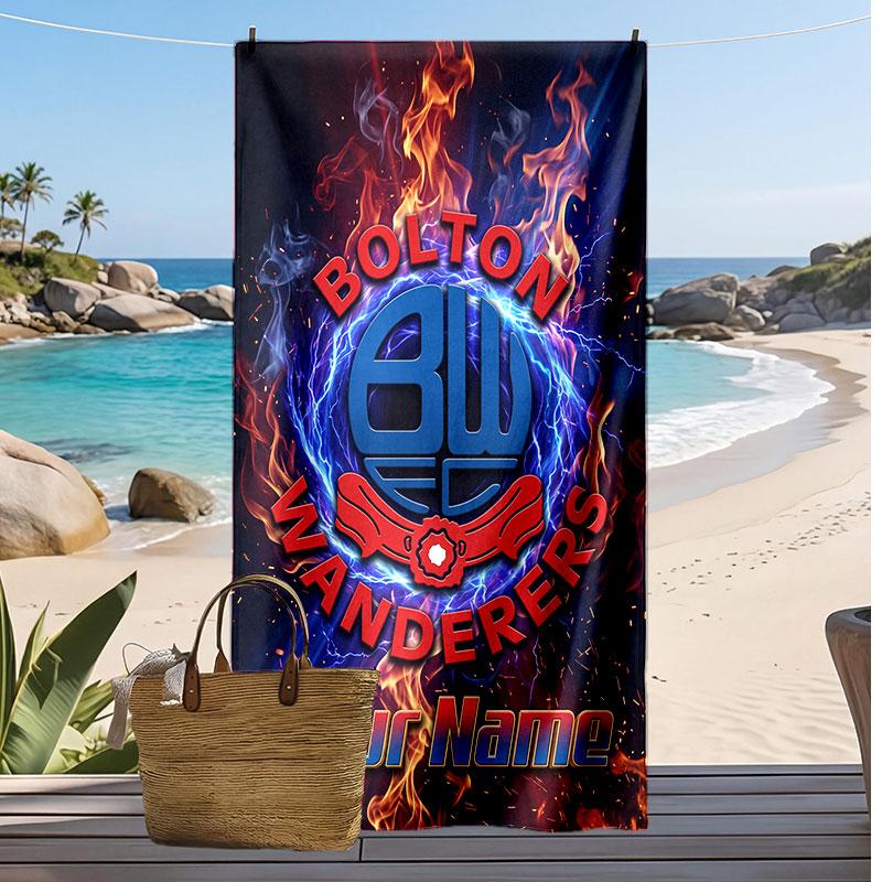 Bolton Wanderers FC Personalized Printed Beach Towel Soccer Logo Support Custom Name Text Absorbent Towel For Sport Travel Special Gift