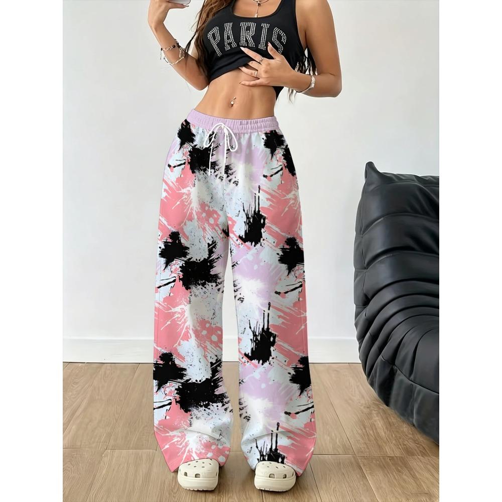 Women's High Waist Drawstring Pink Purple White Colour Black Ink Dot Splash Printing Wide Leg Sweatpants