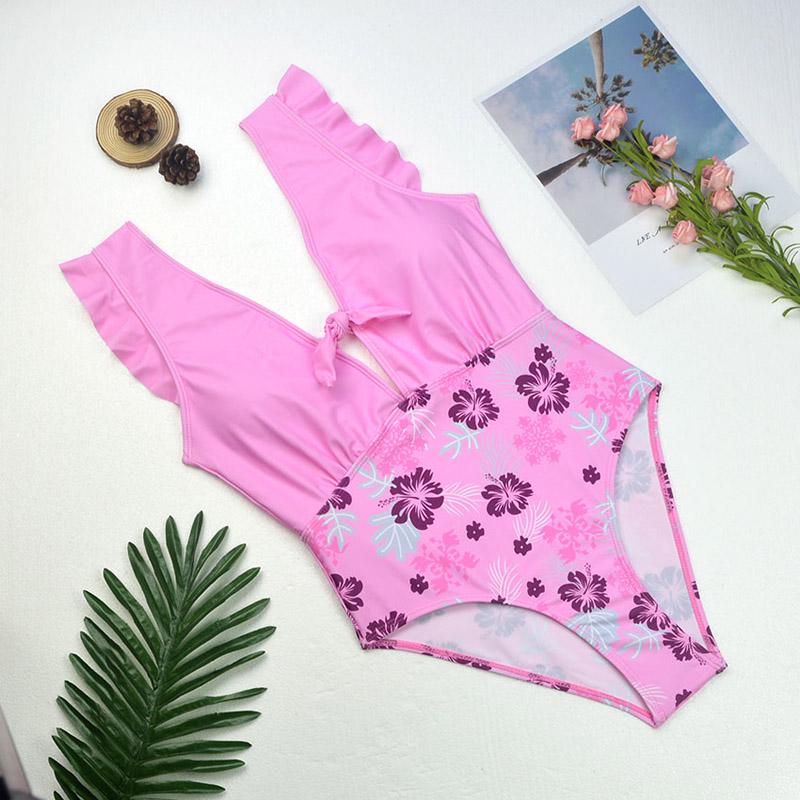 Wzburzyć Bikini Jednoczęściowy strój kąpielowy Kobiety Stroje kąpielowe Backless V-Neck Monokini Print Kostium kąpielowy