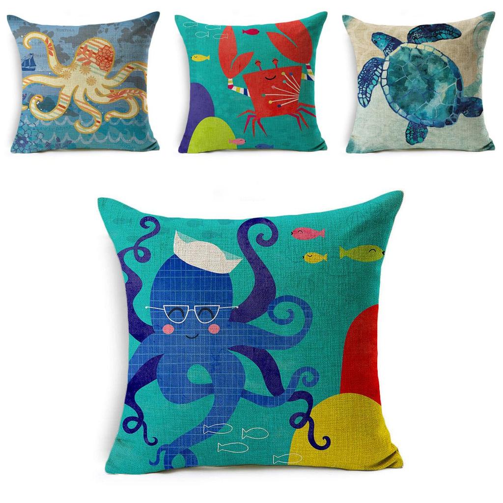 Exquisite 18" Blue Sea Animal Cotton Linen Cushion Cover For Stylish Living Spaces