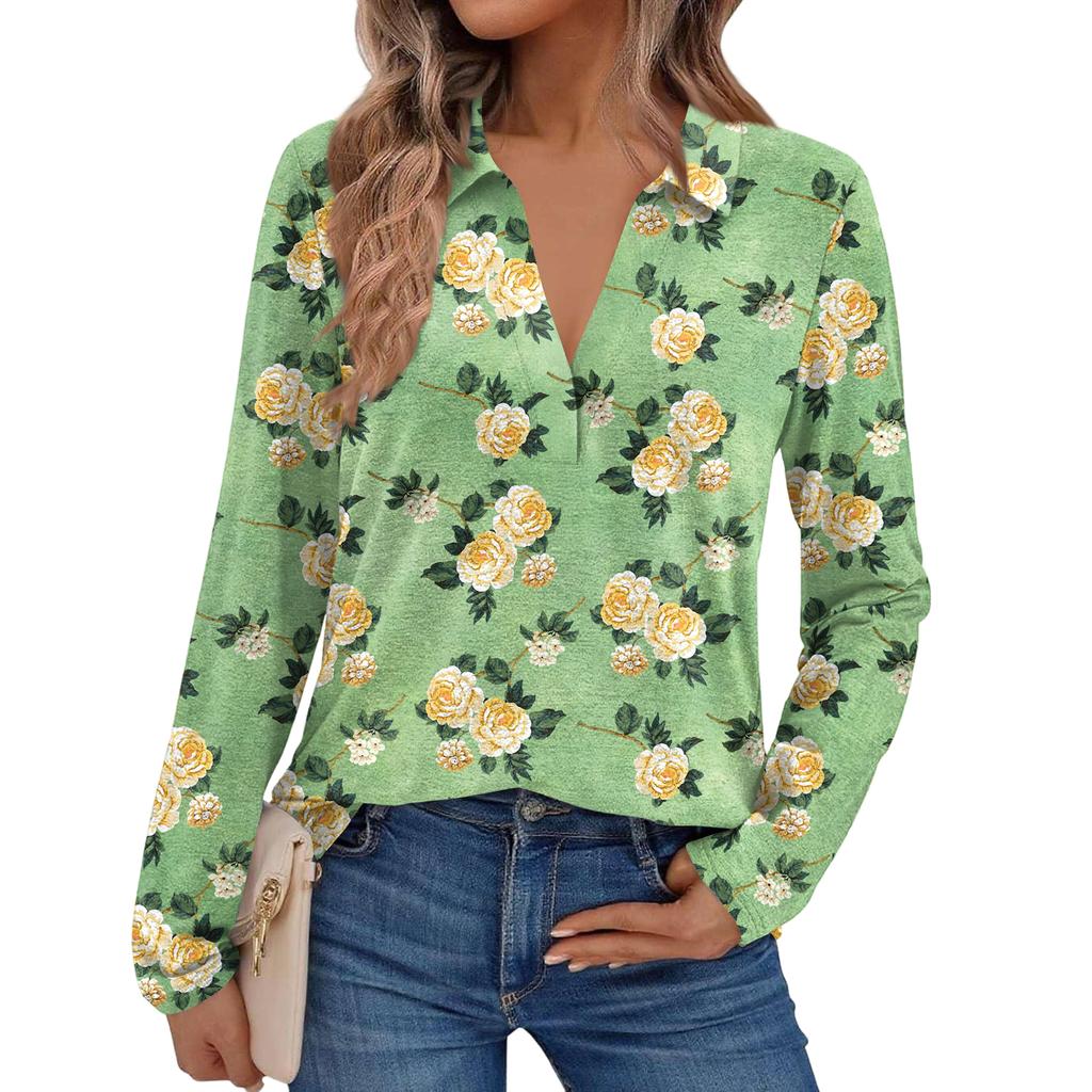 Women's Fashion Long-Sleeved Retro Floral Print Stand Collar Shirt