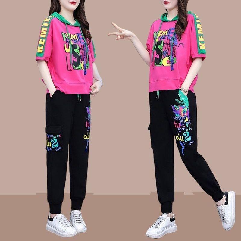 Women's Sportswear Set for Women's Summer Fashionable Versatile Hooded Sweater High Waisted Harlan Pants Two-piece Set