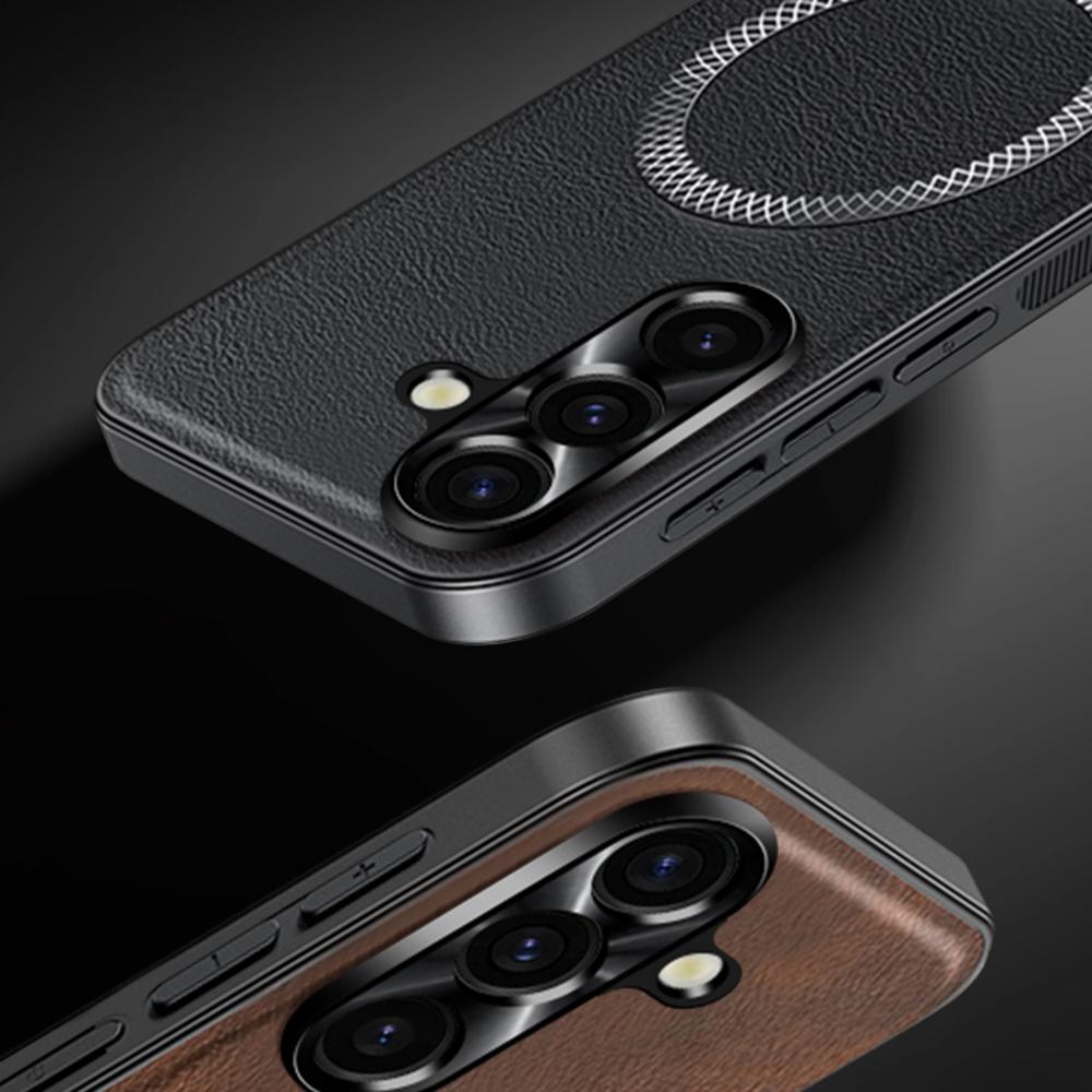 For Samsung Galaxy S25 Case Compatible with MagSafe PU TPU PC Phone Back Cover with Metal Lens Frame