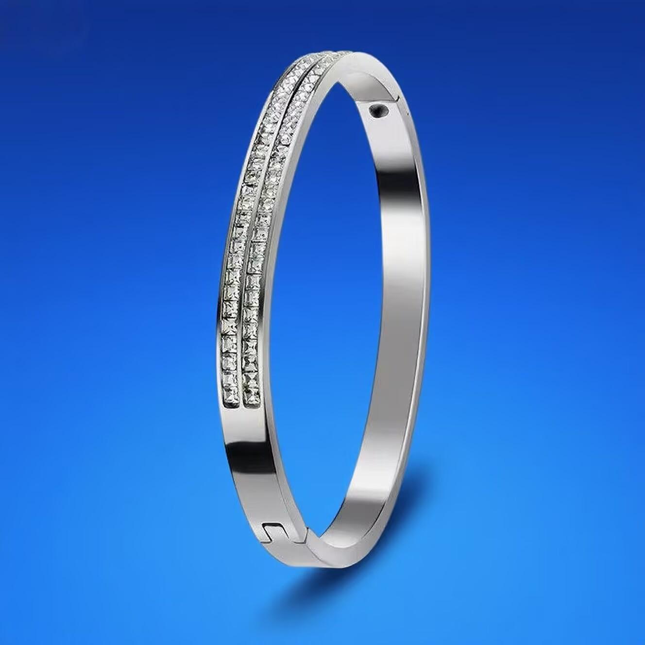 High-End Women s Titanium Steel Bracelet with Double Row Rhinestones - Fashionable, Simple, Washable, & Colorfast.