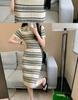Women's Elegant French V-Neck Striped Knit Polo Dress with Cinched Waist