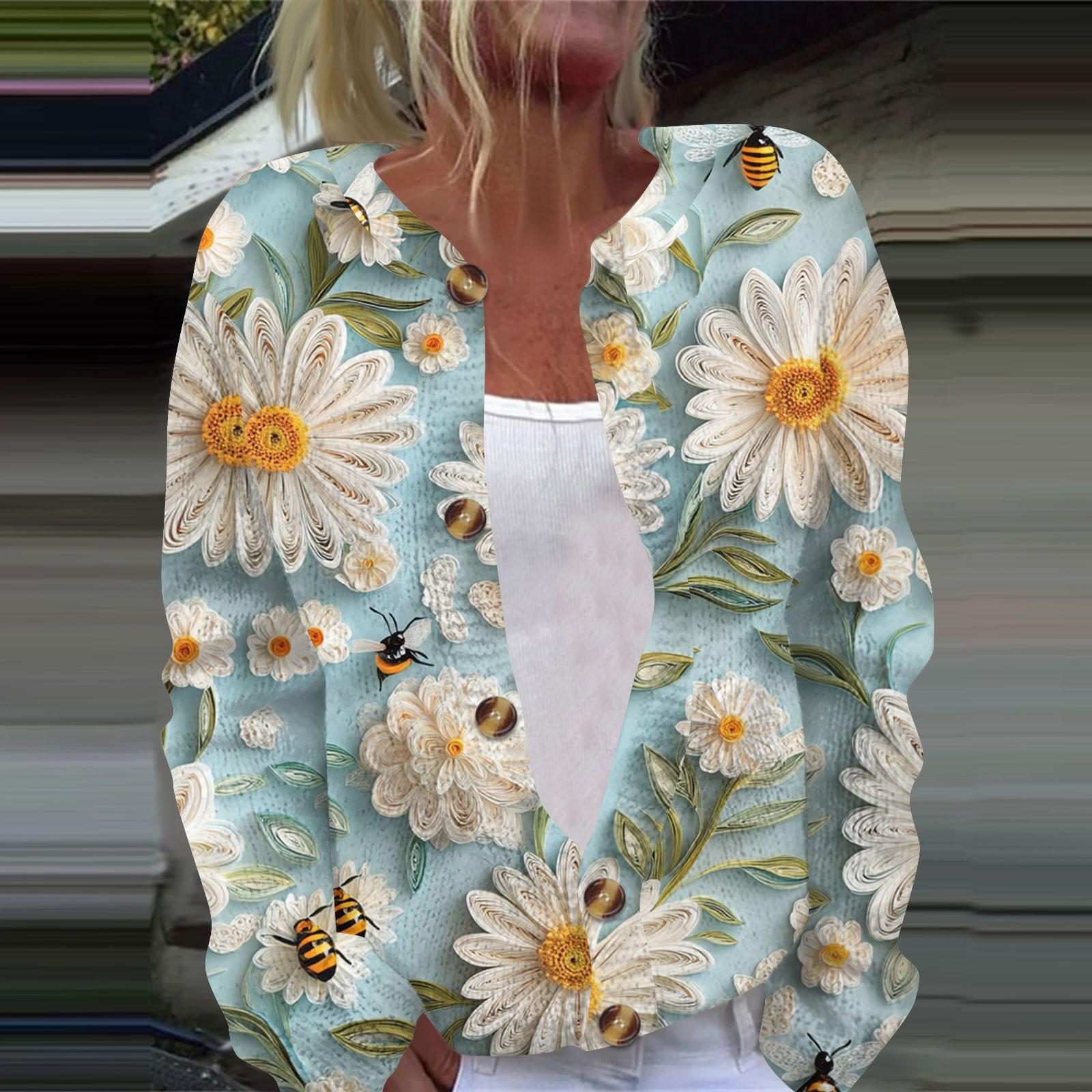 

Женская повседневная мода ретро цветочный принт длинный рукав кардиган куртка на пуговицах XL