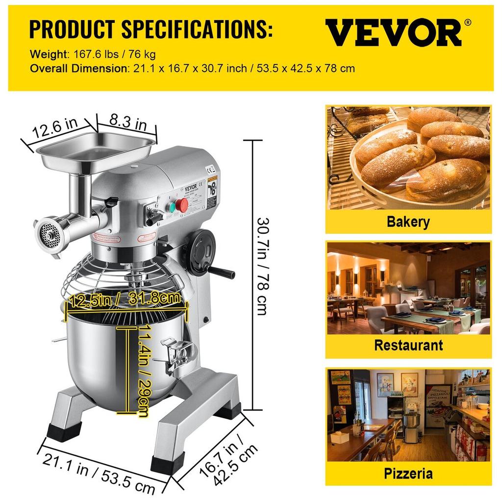 Commercial Stand Mixer, 20Qt Stainless Steel Bowl, 1100W 2 in 1 Multifunctional Electric Food Mixer with Meat Grinder & 3 Speeds, Dough Hook Whisk