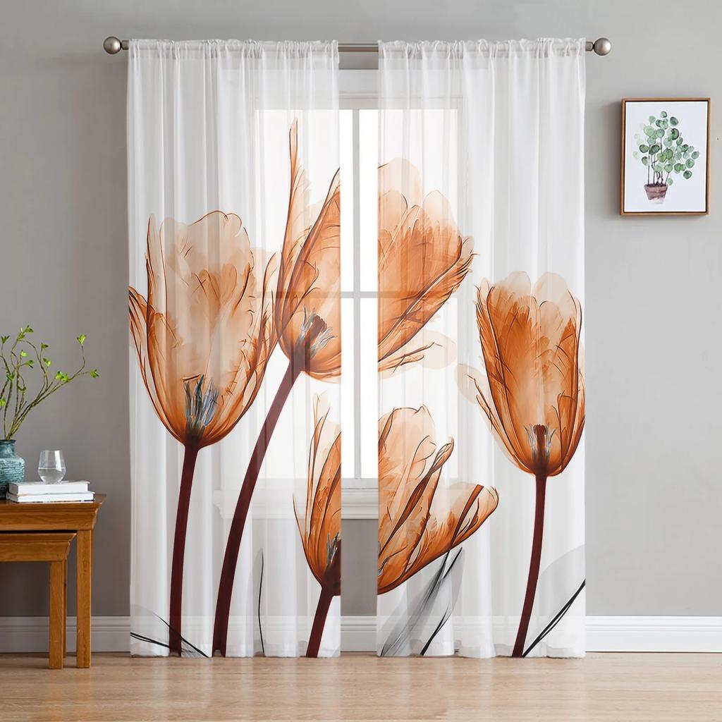 Spring Tulips Easter Mother Day Flowers Tulle Curtains Living Room Home Kitchen Decor Bedroom Window Drapes Light Filtering Made Of Polyester Sitting