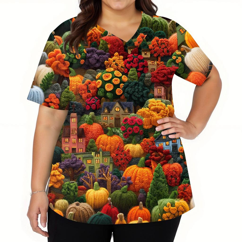 Damenmode V-Ausschnitt Kurzarm Arbeitskleidung mit Taschen Halloween bedruckte Tops
