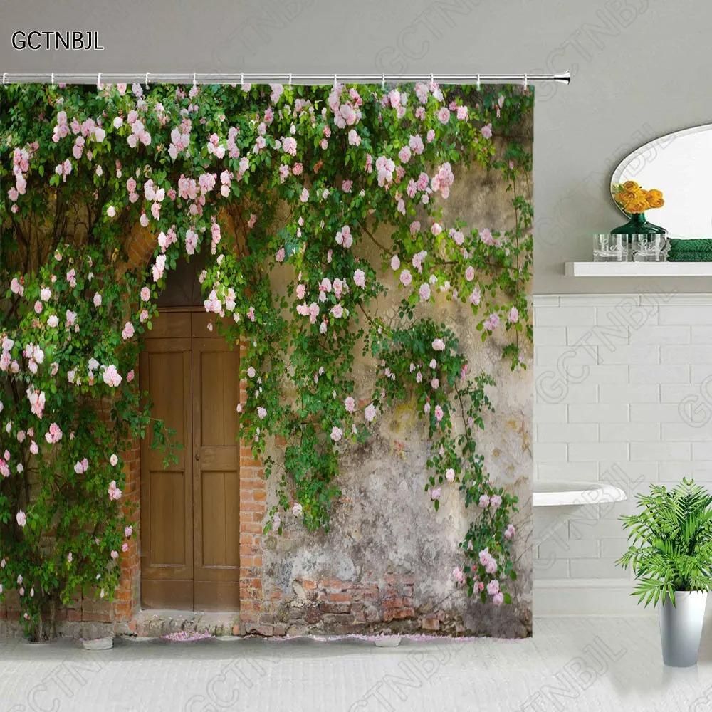 Street Building Scenery Shower Curtain Flower Plant Retro Old Door Summer Rural Landscape Bathroom Curtain Background Wall Decor