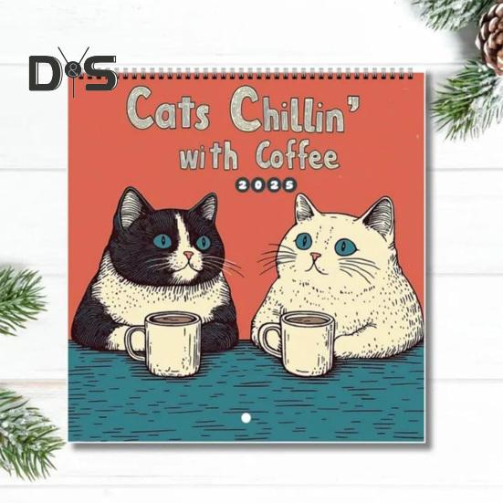 1/2Pcs 2025 Wall Calendar Cats Chillin' with Coffee Wall Calendar 12 Monthly Coffee Cats Calendar Family Office Organizer for Cat Lover Gift