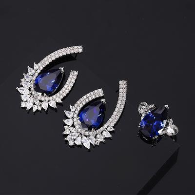 Nouvelle parure de bijoux en argent pur 925 avec clous en zircon et cristal bleu foncé pour femme