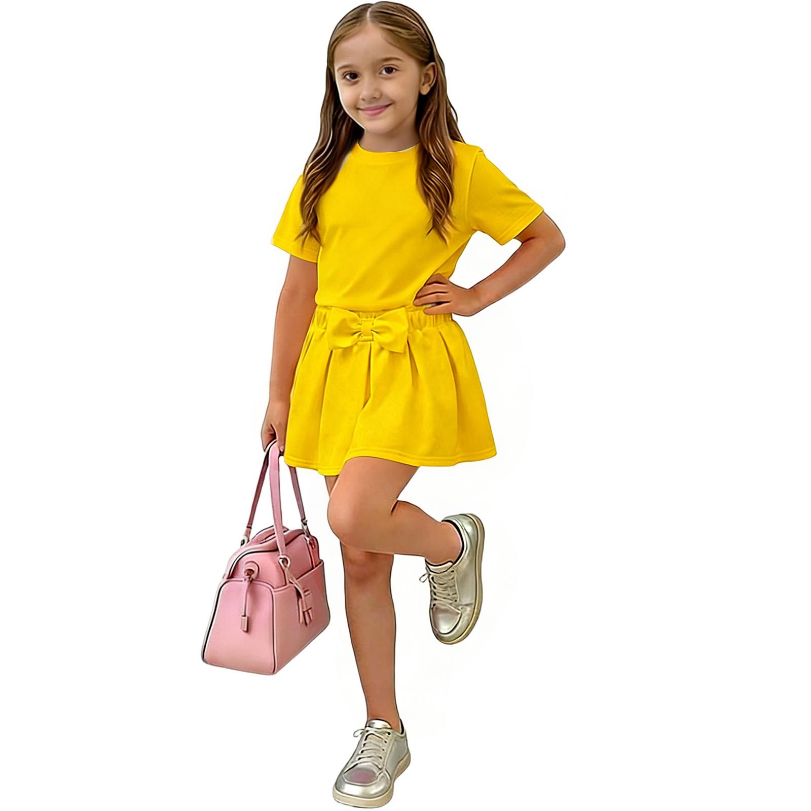 

Children s Casual Short-sleeved Top With Bowknot, High Waist Elastic Skirt Set 160