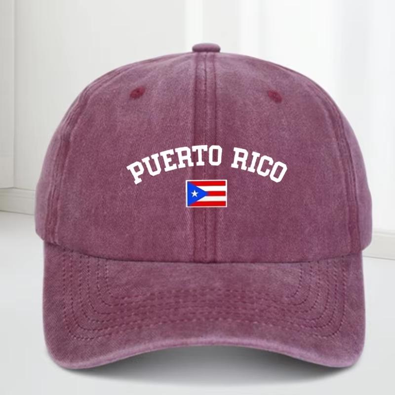 A gender-neutral Puerto Rican flag-patterned printed baseball cap that can be adjusted into an outdoor sun hat.