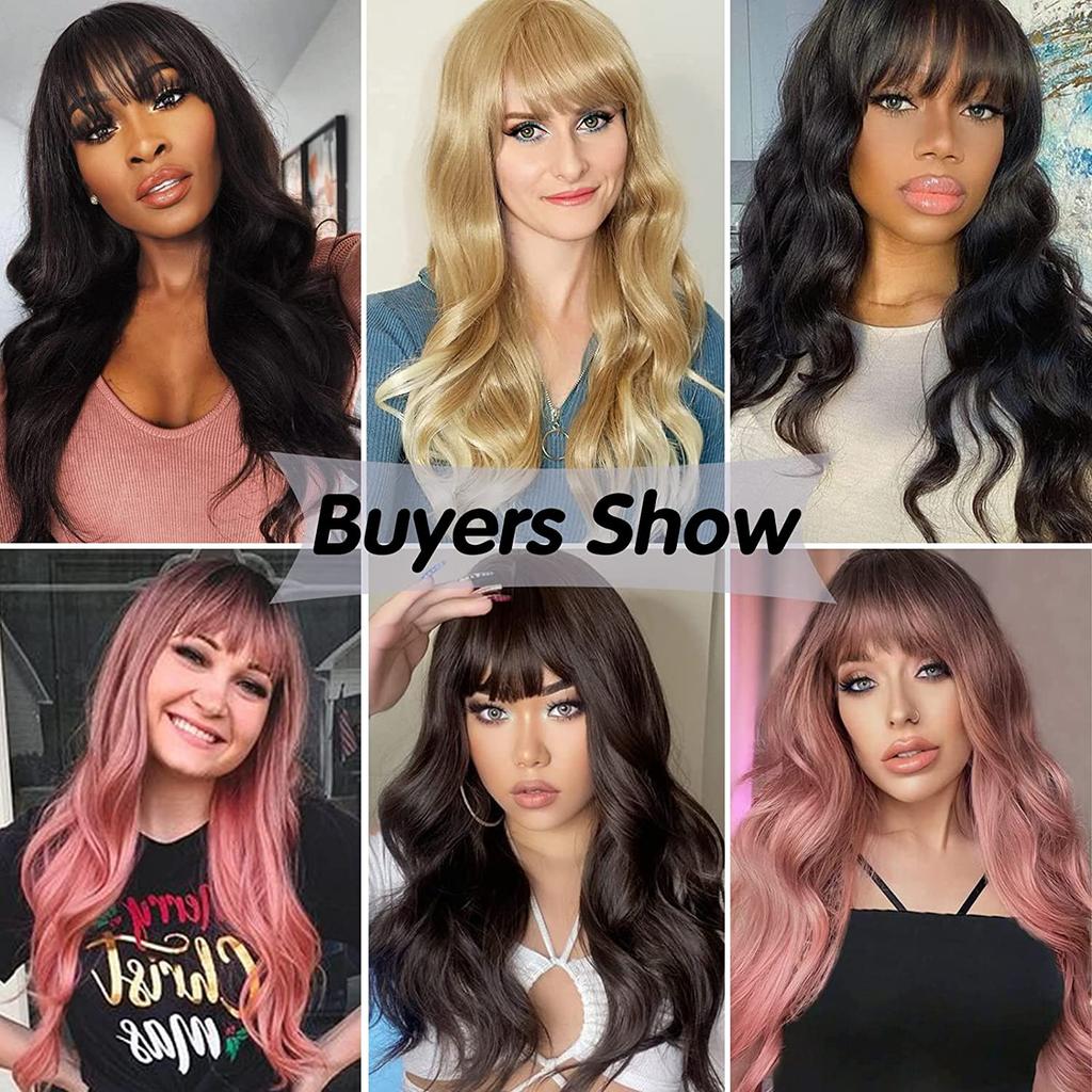 MERISIHAIR Women Long Wavy Wig with Bangs Ombre Wine Red Synthetic High Temperature Fiber Wig for Women Party Daily Wear