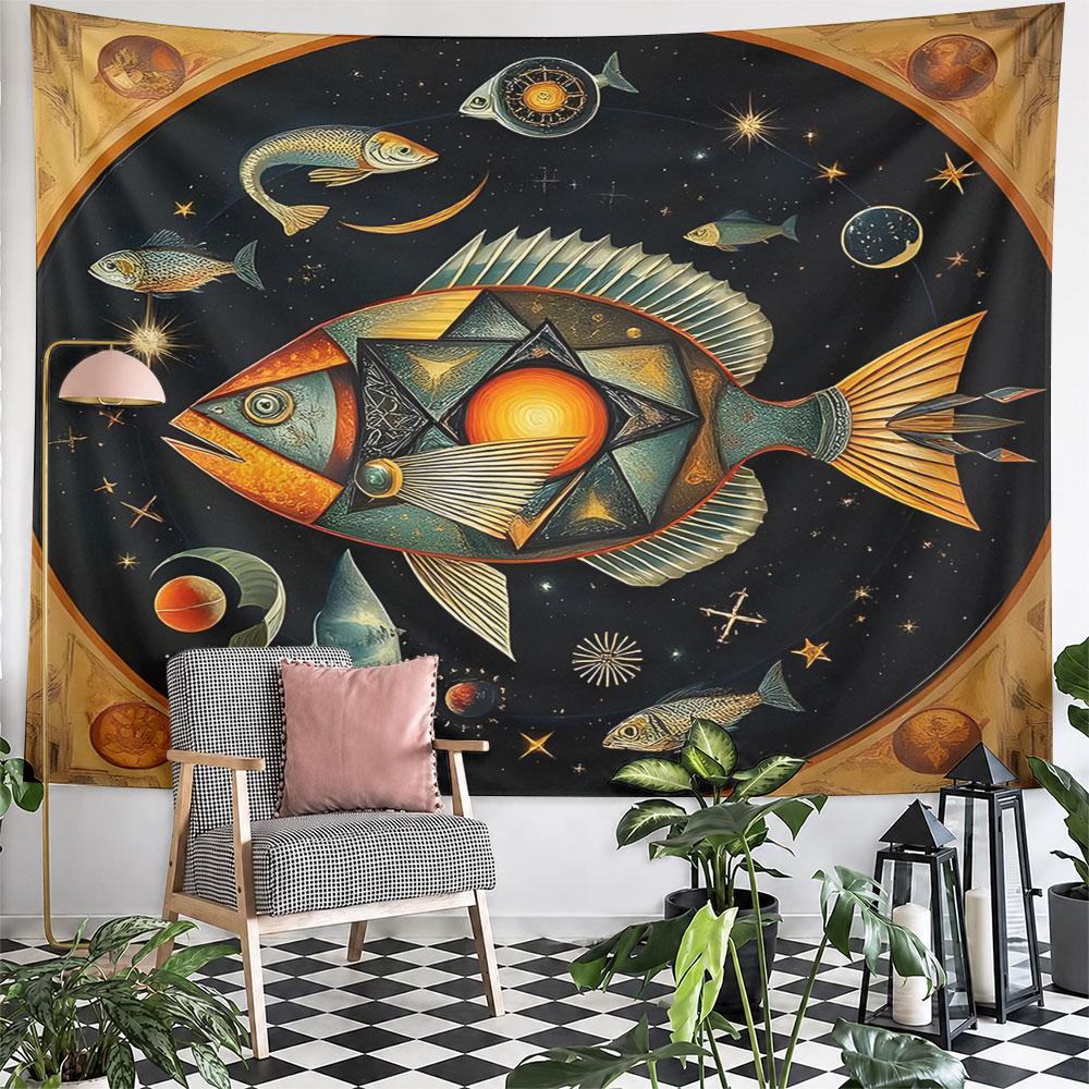 Celestial Fish with Geometric Patterns Pattern Wall Hanging Tapestry Decorative Tapestry Home Decor for Bedroom and Living Room